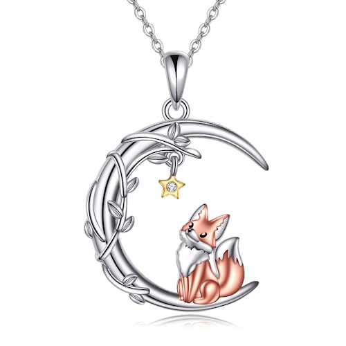YAFEINI Moon Animal Necklace S925 Sterling Silver Owl/Fox/Red Panda/Possum/Snake/Dachshund Pendant Necklace Animal Jewelry Gifts for Women Mom Wife - style: FOX