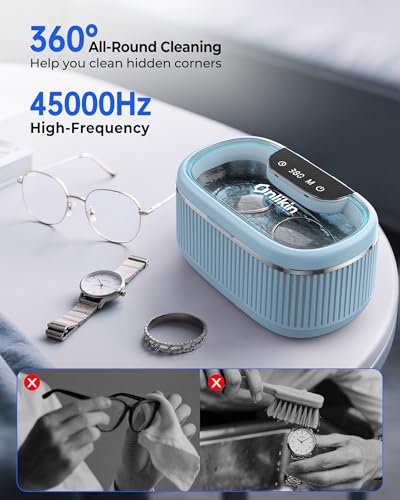 45KHz Ultrasonic Jewelry Cleaner, 5 Timer & 3 Power Modes, 35W Retainer Cleaner for Jewelry, Eyeglasses, Rings, Watch Strap, Dentures - Quiet <38dB, 20oz, 304 Stainless Steel Tank(Blue) - color: Blue