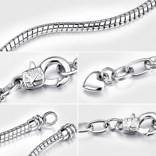 Stainless Steel Heart Charm Snake Chain Bracelet - Adjustable Silver Bangle for Women, Hypoallergenic Waterproof Jewelry Gift for Birthday, Anniversary, Valentine's Day - color: Silver White-B