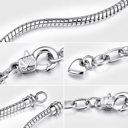 Stainless Steel Heart Charm Snake Chain Bracelet - Adjustable Silver Bangle for Women, Hypoallergenic Waterproof Jewelry Gift for Birthday, Anniversary, Valentine's Day - color: Silver White-B