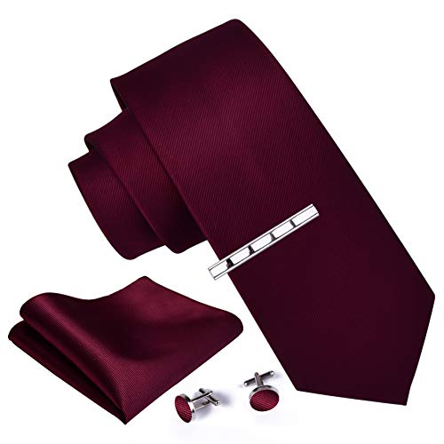 GUSLESON New 3.15"（8cm） Solid Color Necktie and Pocket Square Cufflinks Clip Set - color: Burgundy