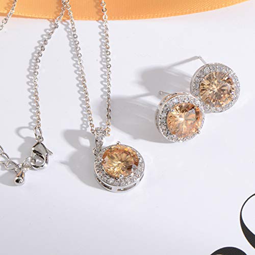 Bridal Crystal Jewelry Set - Sterling Silver Round Cubic Zirconia CZ Rhinestone Halo Birthstone Pendant Necklace Stud Earrings Set for Wedding Bride Bridesmaids Birthday Gift - color: Citrine Champagne
