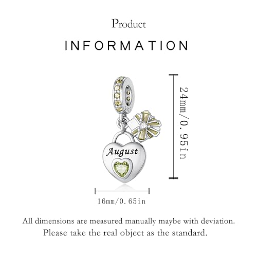 925 Sterling Silver Birthstone Bracelet Charm - Unique Heart Shaped Design, Fits most Europe Pandora Bracelets and Necklaces, women's DIY holiday Gifts - style: H-August