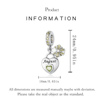 925 Sterling Silver Birthstone Bracelet Charm - Unique Heart Shaped Design, Fits most Europe Pandora Bracelets and Necklaces, women's DIY holiday Gifts - style: H-August