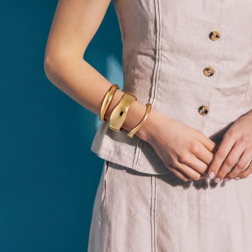 Chunky Gold Bangle Bracelets for Women Trendy 14K Gold Plated Cuff Bracelets Stack, Dainty Gold Bracelet Sets Non Tarnish Fashion Jewelry Gift - style: Gold-3pc-010