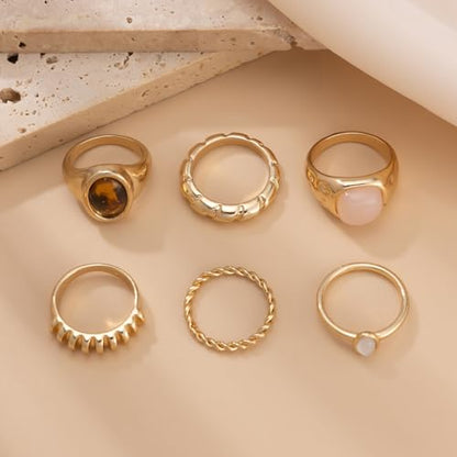 Rrdaily 14K Gold Plated Stackable Knuckle Rings Set for Women Trendy Chunky Simulation Gemstone Signet Rings Dainty Midi Finger Rings Pack Aesthetic Statement Jewelry for Bridesmaid Wedding Gifts - style: 6 Pcs Gold
