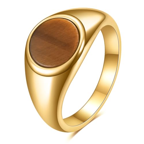 MYNENEY Stainless Steel Round Shape Classical Simple Plain Wedding Engagement Statement Pinky Band Signet Rings for Men Women Size 4-15 - color: Cat's eye-Gold