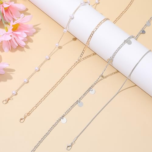 Plated Waist Chain Jewelry for Women, 4pcs Layered Belly Chain with Satellite Beads, Non Tarnish Body Chains, Adjustable Waterproof Sexy Bikini Beach Accessories Pearl Belts, 2 Silver & 2 Gold