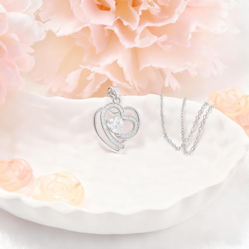 Sterling Silver Pendant Necklace for Women - Adjustable Double Heart Necklace Hypoallergenic Cubic Zirconia Love Heart-Shaped Charm Necklaces Classic Elegant Jewelry Gifts for Her Mom Wife,19inch