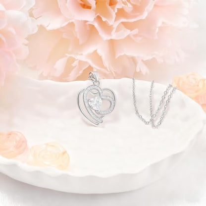 Sterling Silver Pendant Necklace for Women - Adjustable Double Heart Necklace Hypoallergenic Cubic Zirconia Love Heart-Shaped Charm Necklaces Classic Elegant Jewelry Gifts for Her Mom Wife,19inch