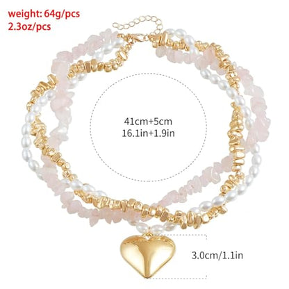 Layered Gold Necklace for Women Boho Turquoise Beaded Chain Set with Long Coin Pendant Trendy Y Necklace for Everyday Jewelry Gifts boho fashion fall fashion jewelry womens fashion - color: B-Heart shaped multi-layered necklace