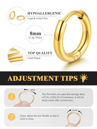 Small Hoop Earrings for Women 7-16mm Stainless Steel Huggie Earrings Lightweight - color: c. Gold A, size: Diameter 8mm