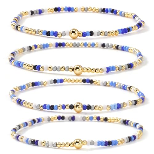 Seed Beaded Stack Bracelets Set for Women,Small Boho 4Pcs Colorful Handmade Dainty Trendy Gold Stretch Accessories Jewelry, Summer Daily Party Friendship Gift - color: Royal Blue