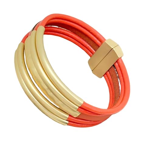 Bracelets for Women Leather Bracelet Multi-Layer Rope Wrap Bangle 14k Gold Plated Cirle Hollow Tube Boho Cuff Bangle Bracelets for Women Gift - style: Tube-Orange Leather Bracelet