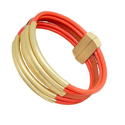 Bracelets for Women Leather Bracelet Multi-Layer Rope Wrap Bangle 14k Gold Plated Cirle Hollow Tube Boho Cuff Bangle Bracelets for Women Gift - style: Tube-Orange Leather Bracelet