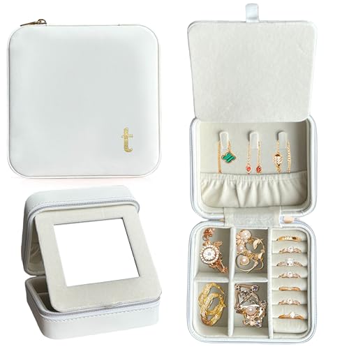 COLLECTIVE HOME - Travel Jewelry Case, Elegant Square Design with Gold Engraved Monogram, Built-in Mirror, Personalized Accessory Organizer for Rings, Necklaces, Gift for Women and Teens (t) - color: t