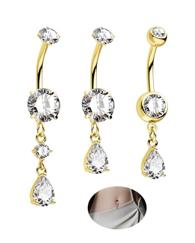 Belly Button Rings Pack 14G Belly Piercing Jewelry 316L Stainless Steel Belly Rings for Women 3PCS Navel Piercing Jewelry - color: Gold