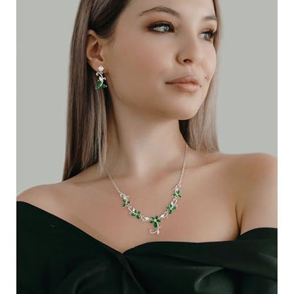 Crysdue Flower Leaf Wedding Jewelry Set for Bridal Bridemaid, Cubic Zirconia Teardrop Elegant Silver/14K/Rose Gold Plated Vine Necklace Dangle Earrings for Prom Party - style: A_Green
