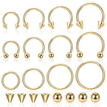 SynHHergyx 16G Gold Septum Rings Hinged Clicker Segment Gold Septum Jewelry Horseshoe Nose Ring Stainless Steel Nose Horseshoe Hoop Earring Eyebrow Lip Helix Tragus Piercing Ring 12 Pcs