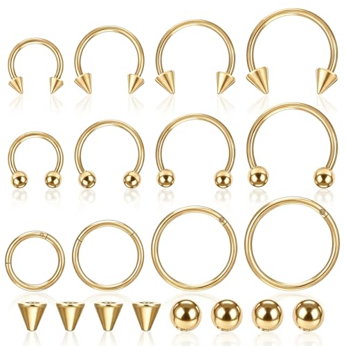 SynHHergyx 16G Gold Septum Rings Hinged Clicker Segment Gold Septum Jewelry Horseshoe Nose Ring Stainless Steel Nose Horseshoe Hoop Earring Eyebrow Lip Helix Tragus Piercing Ring 12 Pcs