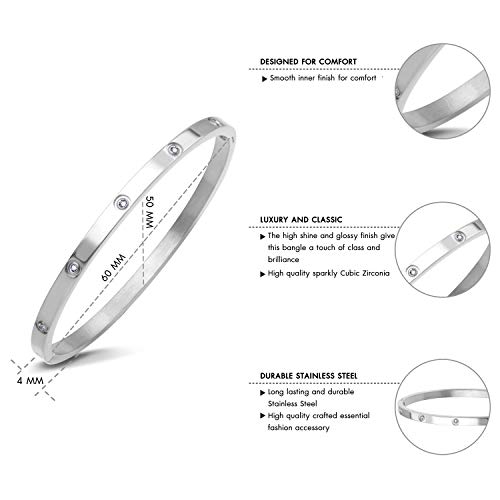 555Jewelry Womens Sparkling Cubic Zirconia Secure Hinge Lock Bangle Stainless Steel Bracelet - color: Silver