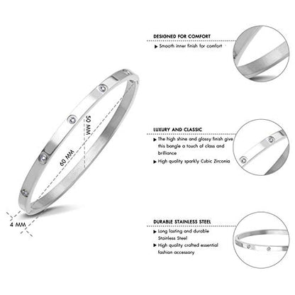 555Jewelry Womens Sparkling Cubic Zirconia Secure Hinge Lock Bangle Stainless Steel Bracelet - color: Silver