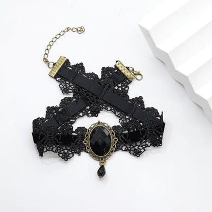 AILUOR Punk Rock Wedding Party Handmade Black Lace Choker, Gothic Retro Lolita Beads Chain Vampire Pendant Necklace for Women Halloween - color: Black