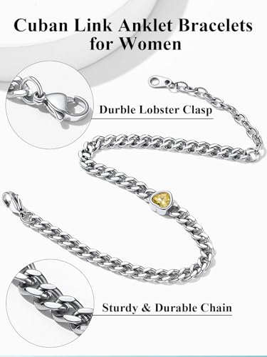 ChainsHouse Cuban Chain Anklets for Women with Heart Birthstone Jan - Dec | Stainless Steel Black Link Chain Ankle Bracelet with Birthstone, Beach Women Anklet 22cm-27cm Adjustable, with Gift Box - color: 01. Jan.-Red Garnet-Steel