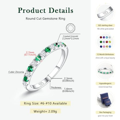 Birthstone Rings Eternity Band 925 Sterling Silver/Yellow Gold-Plated Created Gemstone Stackable Wedding Band 2.7mm Thin Half Eternity Rings for Women Size 6 to 10 - color: 05-Emerald-May