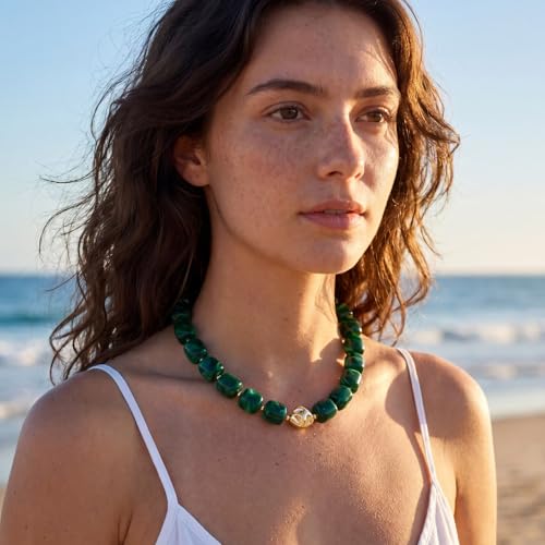Beaded Necklaces for Women Boho Chunky Necklace Statement Big Resin Bead Choker Fashion Summer Beach Jewelry - color: Dark Green