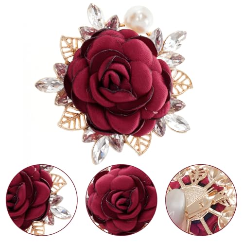 Rose Flower Brooch 1.97In Satin Pearl Crystal Flower Brooch for Women Wedding Dress Suit Hat Accessories Gift - color: red