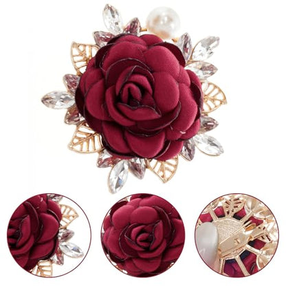 Rose Flower Brooch 1.97In Satin Pearl Crystal Flower Brooch for Women Wedding Dress Suit Hat Accessories Gift - color: red