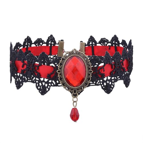 CSIYANJRY99 Gothic Choker Necklace for Women Halloween Red Crystal Vampire Choker Steampunk Lace Choker Witch Costume Accessories - style: Red