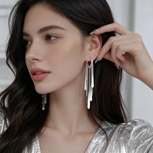 Silver Long Tassel Dangle Earrings for Women, Statement Silver Drop Hoop Earrings, Shiny Silver Dangle Earrings for Daily Wear, Parties & Special Occasions