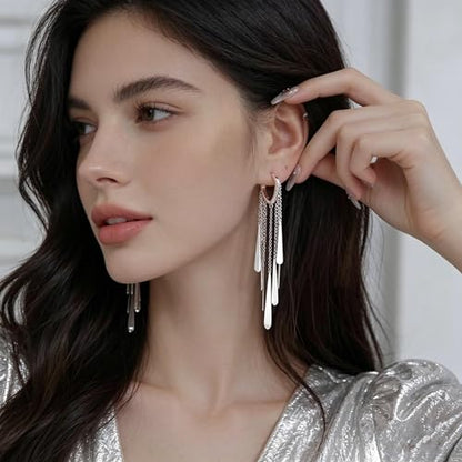 Silver Long Tassel Dangle Earrings for Women, Statement Silver Drop Hoop Earrings, Shiny Silver Dangle Earrings for Daily Wear, Parties & Special Occasions