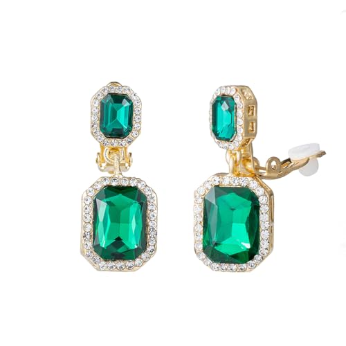 YINLI Austrian Crystal Square Shape Dangle Drop Clip on Earrings for Women - color: Green,Gold