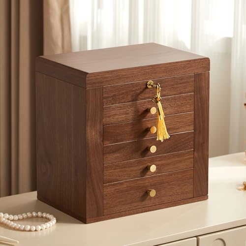 CHOSIN Black Walnut Wooden Jewelry Box for Women with Lock, Mirror, 6 Layer | Lockable wity Key, 5 Drawers, 2 Side Doors, Large Storage for Necklaces, Earrings, Rings, Watches, Brooches, Women Gifts - size: 6 Layer - Full Lock