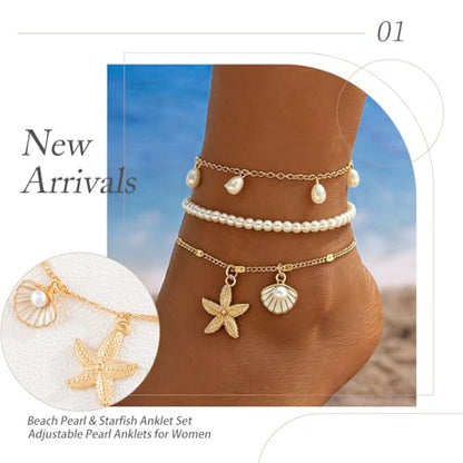 Beach Anklets for Women Pearl Anklet Set Shell Starfish Pendant Anklets Layered Foot Chain Jewelry