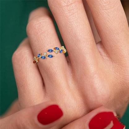 Gold Rings Non Tarnish Silver Adjustable Rings for Women Cubic Zirconia Leaf Ring Dainty Silver Stackable Ring for Women - style: blue