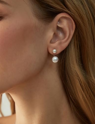 EAMTI Pearl Earrings for Women 925 Sterling Silver Double Freshwater Pearl Stud Drop Earrings Front Back Earring Jackets