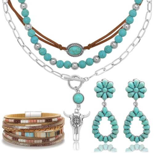 RechicGu Western Jewelry For Women Bohemian Turquoise Dangle Earrings Necklace Bracelet Set, Bullhead Pendant Layered Choker Boho Faux Leather Wristband Country Concert Cowgirl Accessories - color: Jewelry Set A