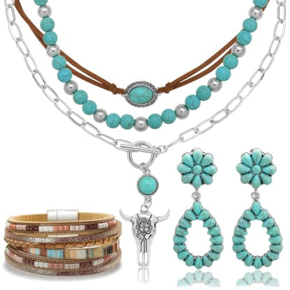 RechicGu Western Jewelry For Women Bohemian Turquoise Dangle Earrings Necklace Bracelet Set, Bullhead Pendant Layered Choker Boho Faux Leather Wristband Country Concert Cowgirl Accessories - color: Jewelry Set A
