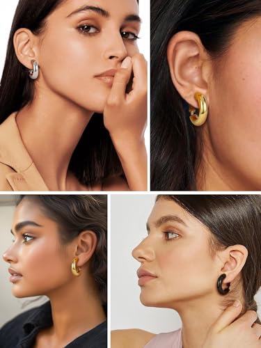 PROSTEEL Chunky Hoop Earrings for Women 14K Gold Plated/Black/Silver | 20/30/40/50/60/70/80mm Stainless Steel Thick Big Round Hoop with Waterproof and Non Tarnish Trendy Jewelry with Gift Box - color: 1. Silver, size: 20MM