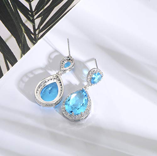 Bridal Jewelry Set for Wedding - 18k Plated Teardrop CZ Crystal Cubic Zirconia Rhinestone Necklace Earrings Set for Bride Bridesmaids Mother of Bride Party Prom Birthstone Costume Jewelry - color: Mar-Aquamarine