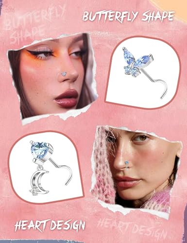 Sanfenly 12 PCS 20G Nose Rings Surgical Stainless Steel, L Shaped Nose Studs for Women Men, CZ Heart Butterfly Flower Leaf Moon Dangle Cute Nose Piercings Studs Screw Jewelry Pink/Purple/Blue/Clear - color: Screw Blue