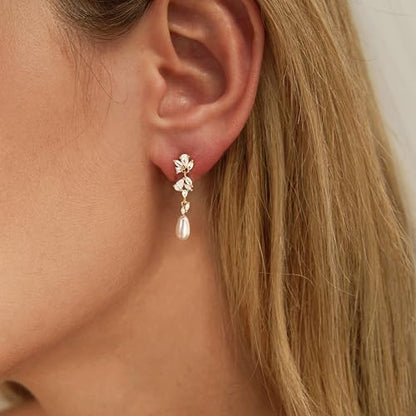 Pearl Earrings for Women:Gold Wedding Dangle Drop Earring Pearl Jewelry | 14K Gold Plated Pearl Drop Earrings for Women,Dainty Wedding Bride Earring Studs,Gold Dangle Drop Earring,Waterproof Jewelry - size: 1 pcs-15