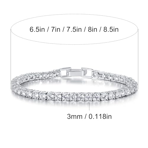 Gemsme 4 Prong Tennis Bracelet, 18K White/Yellow Gold Plated 3mm Round Cubic Zirconia Bracelet for Women Size 6-8.5 Inch - color: White Gold Plated, size: 6.5 inch