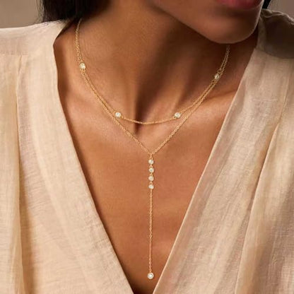 Lariat Necklace for Women, Dainty Long Necklaces, 14k Gold/Silver Plated Y-Shaped Drop Chain Necklace, Simple Layered Necklaces, Trendy Jewelry Gifts - style: CZ Layered Y Necklace-Gold