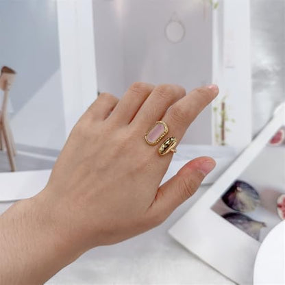 Elegant Gemstone Geometric Statement Rings for Women Gold-Tone Plated Stainless Steel Open Band Dainty Wedding Open Adjustable Middle Thumb Ring Cocktail Prom Party Trendy Jewelry for Girlfriend - color: Pink