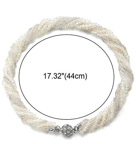 COOLSTEELANDBEYOND Multi-Layer Beads Crystal Braided Chain Choker Collar Magnetic Clasp,Statement Necklace, Bracelet - color: T-Necklace White Color